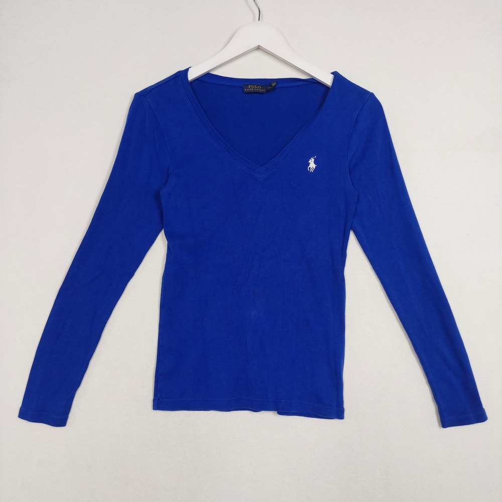 Polo Ralph Lauren Womens V-Neck Long Sleeve Shirt Royal Blue Pony Logo Small